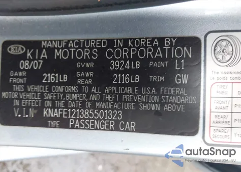 2008 Kia Spectra Ex z USA, uszkodzony, nr VIN KNAFE121385501323